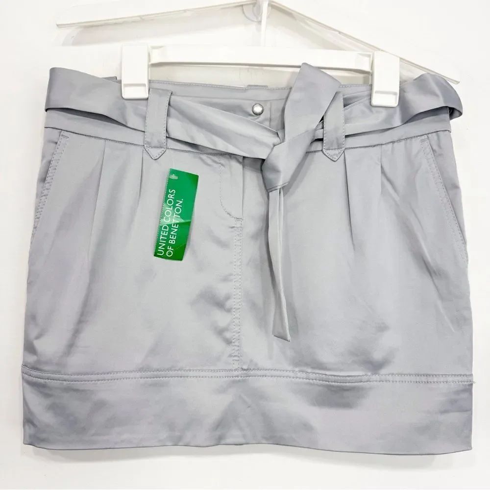 United Colors of Benetton Gray Sash Waist Pleat Front Mini Skirt NEW
